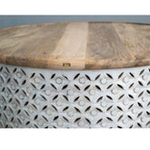 Bristol Hand Carved Indian Solid Wood Round Coffee Table With Jali (White Natural)